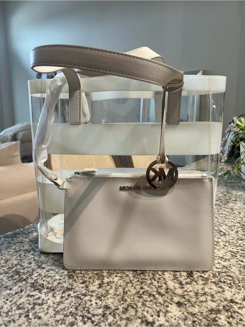MICHAEL Michael Kors Clear White Striped Eliza Tote NEW - Picture 3 of 5